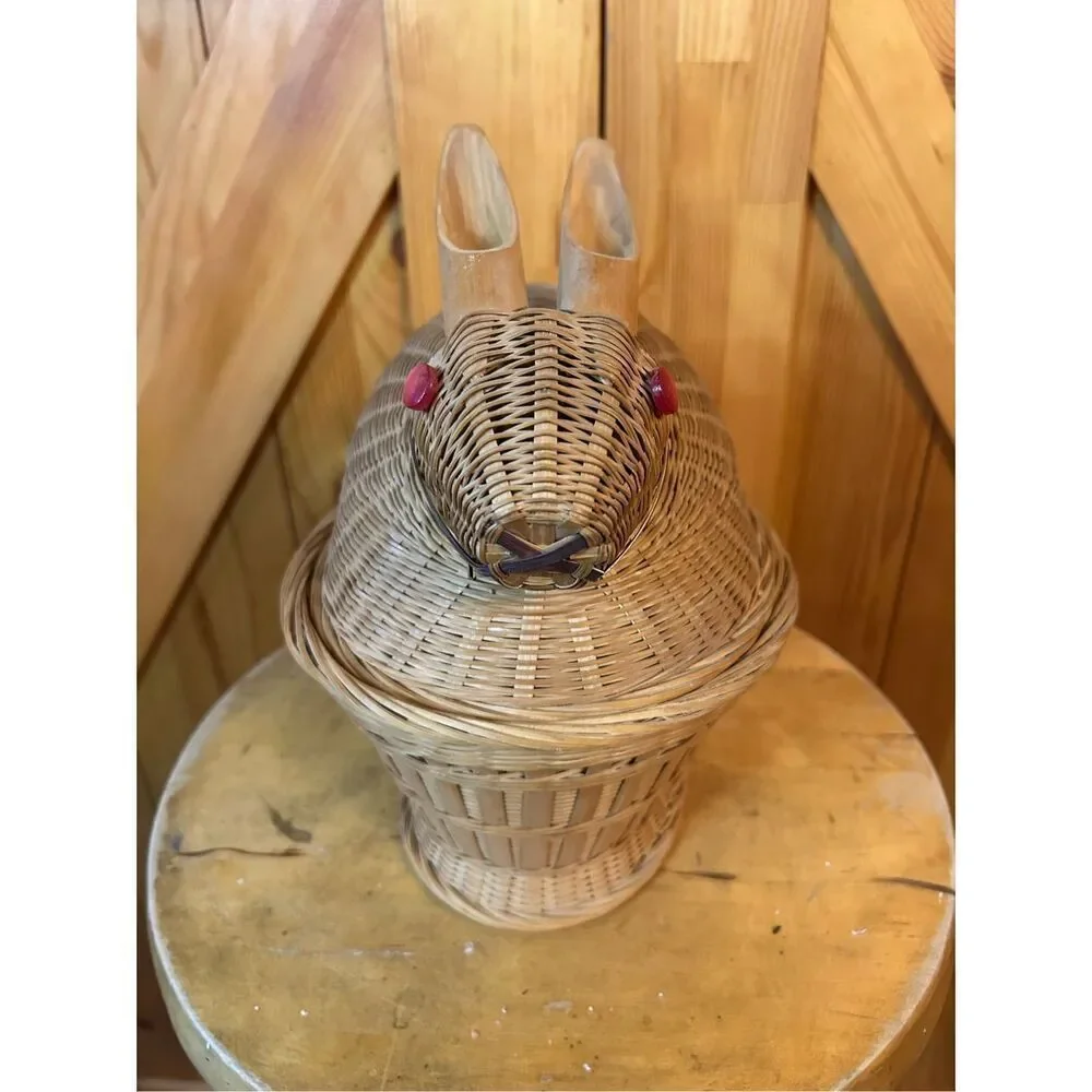 Vintage Bunny Rabbit Woven Wicker Basket Lidded Red Button Eye Easter (8563)